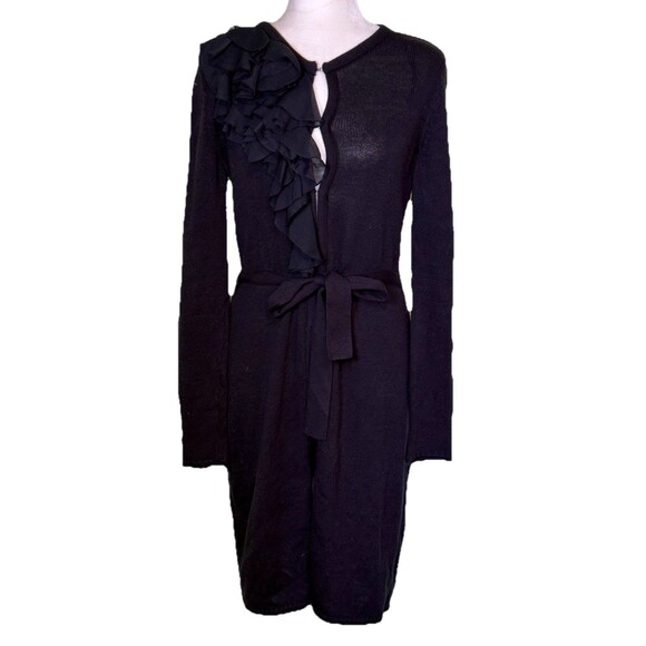 Elle Women’s Romantic Black Ruffle Detail Elegant Belted Long Cardigan Sz Sm - Picture 1 of 8